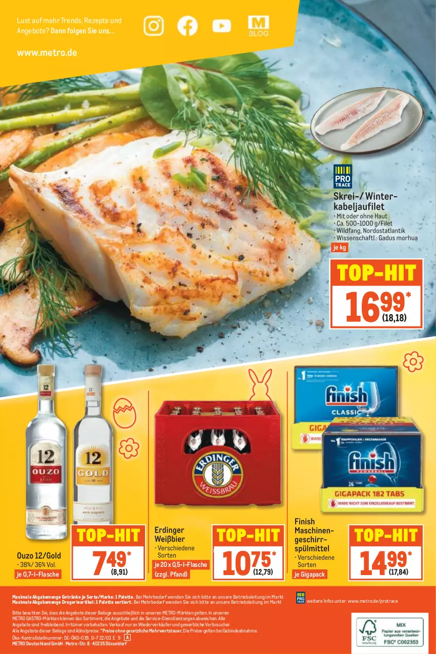 Aktueller Prospekt Metro - Food - von 31.03 bis 06.04.2022 - strona 20 - produkty: abholpreise, angebot, angebote, bier, eis, erdinger, filet, Finish, flasche, geschirr, geschirrspülmittel, getränk, getränke, ilag, kabeljaufilet, LG, Metro, metro gastro, ouzo, ouzo 12, Palette, Rauch, reis, rezept, rezepte, rwe, spülmittel, Ti, top-hit, Wild