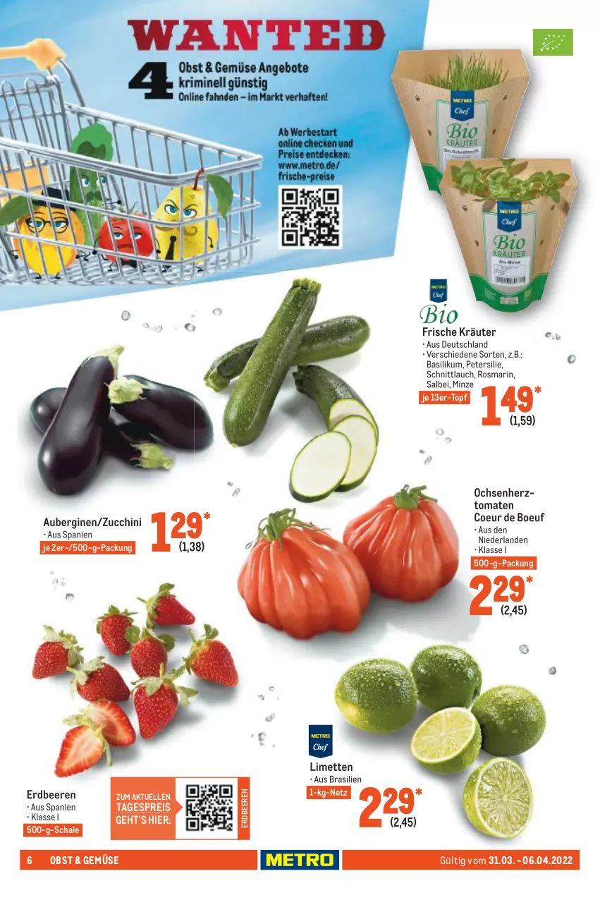 Aktueller Prospekt Metro - Food - von 31.03 bis 06.04.2022 - strona 6 - produkty: aubergine, auberginen, basilikum, beere, beeren, eis, elle, erdbeere, erdbeeren, gin, kräuter, limette, limetten, Mett, metten, minze, obst, petersilie, reis, rosmarin, Schal, Schale, schnittlauch, Ti, tomate, tomaten, topf, zucchini