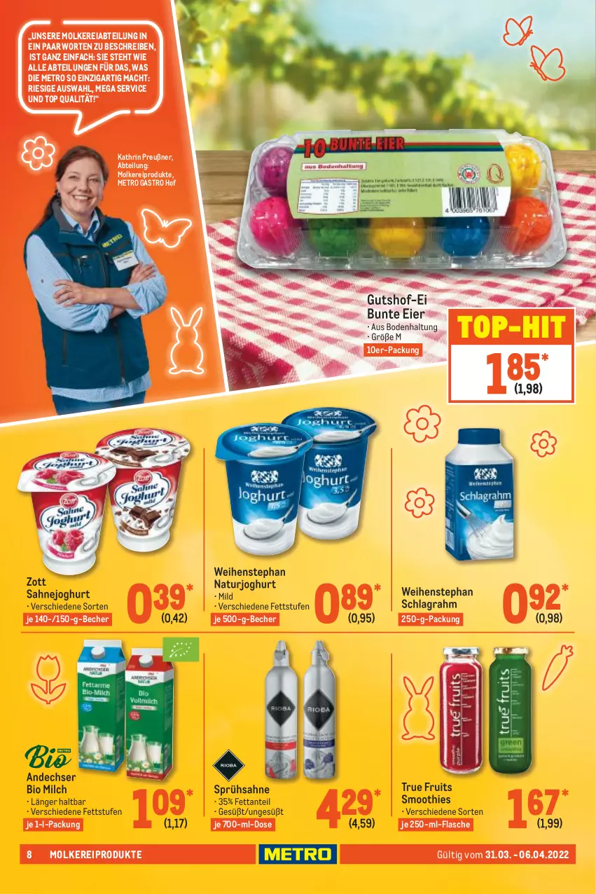 Aktueller Prospekt Metro - Food - von 31.03 bis 06.04.2022 - strona 8 - produkty: Abtei, Becher, bio, eier, flasche, joghur, joghurt, mac, Metro, metro gastro, milch, molkereiprodukte, natur, naturjoghurt, sahne, Sahnejoghurt, schlagrahm, smoothie, smoothies, Ti, top-hit, true fruits, weihenstephan, zott