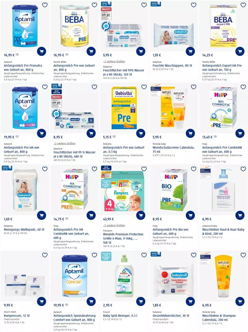 Aktueller Prospekt Dm Drogerie - Prospekte - von 16.06 bis 22.06.2022 - strona 8 - produkty: Babylove, Beba, bebivita, bio, Calendula, creme, Desinfektion, feuchttücher, Frosch, hama, hipp, lebensmittel, Lotion, mam, medizinprodukt, milch, pampers, reiniger, Reinigung, Schutzcreme, sebamed, shampoo, Spezi, Ti, tisch, tücher, vita, waschlappen, Waschlotion, wasser, wattepads, weleda, windeln