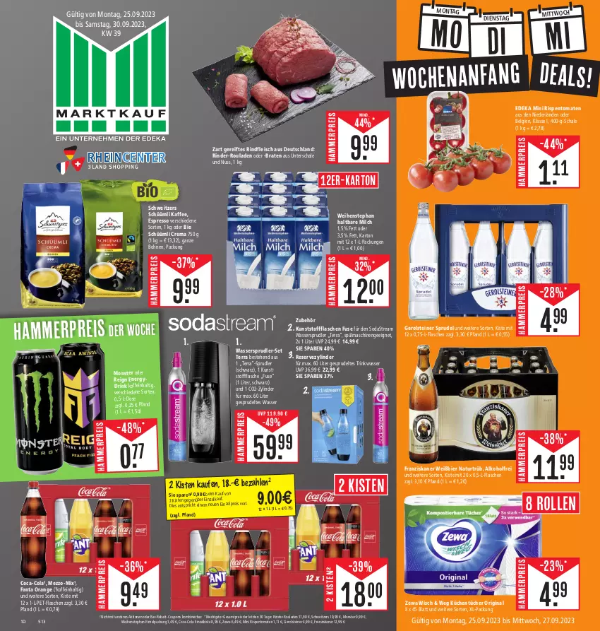 Aktueller Prospekt Edeka - Angebote der Woche - von 25.09 bis 30.09.2023 - strona 1 - produkty: alkohol, bier, bio, bohne, bohnen, braten, coca-cola, cola, coupon, coupons, deka, drink, eis, espresso, fanta, flasche, fleisch, franziskaner, gerolsteine, gerolsteiner, gin, haltbare milch, kaffee, küche, Küchen, küchentücher, LG, milch, monster, natur, nuss, orange, pet-flasche, pet-flaschen, rabatt-coupon, reis, rind, rinder, rinder-rouladen, rindfleisch, rispentomaten, rouladen, Schal, Schale, Soda, sodastream, Sprudel, spülmaschinen, steiner, Ti, tomate, tomaten, tücher, wasser, wassersprudler, weihenstephan, zewa, ZTE