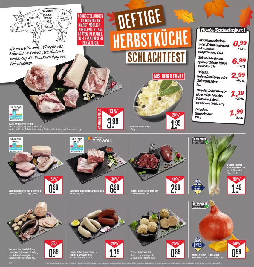 Aktueller Prospekt Edeka - Angebote der Woche - von 25.09 bis 30.09.2023 - strona 16 - produkty: auer, Bau, brot, eis, filet, fleisch, Hausmacher, Knödel, kotelett, Kraut, lebensmittel, Leberknödel, leberwurst, mac, ndk, reis, ring, rwe, Sauerkraut, schwein, schweine, Schweinebauch, Schweineleber, Schweinenieren, Speck, Spezi, suppe, suppen, Ti, wein, weine, wurst, würstchen, ZTE