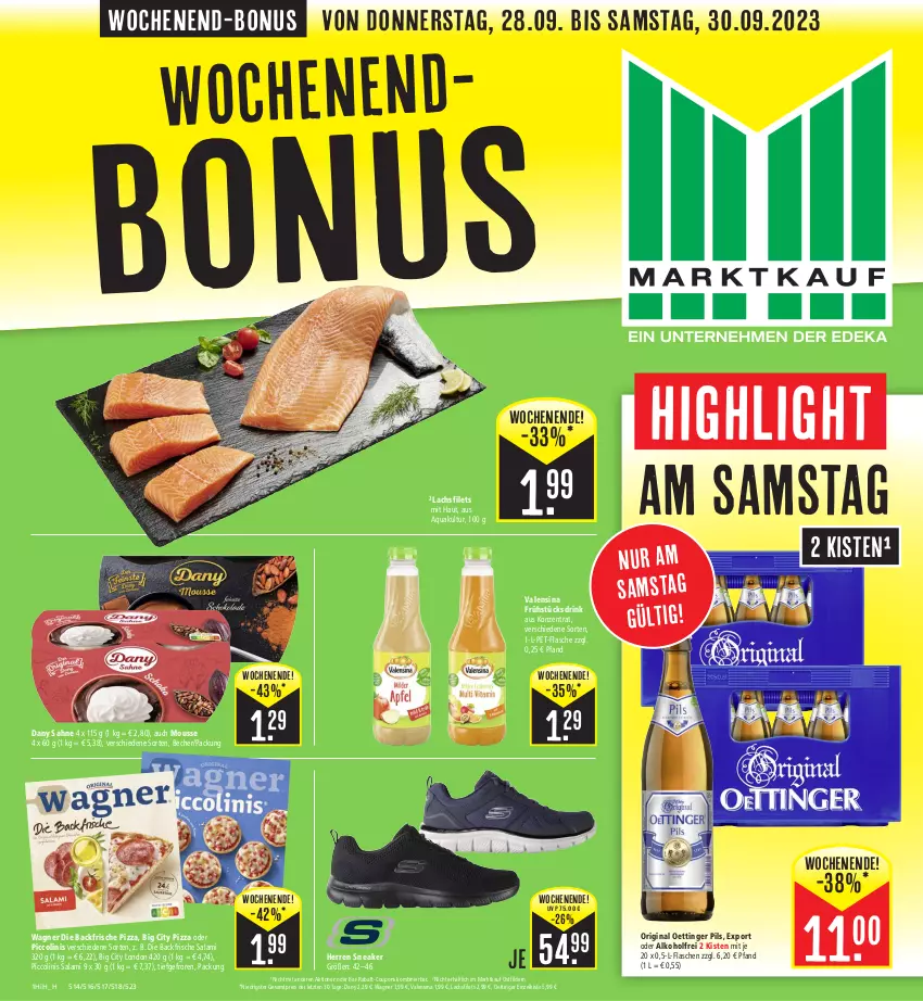 Aktueller Prospekt Edeka - Angebote der Woche - von 25.09 bis 30.09.2023 - strona 17 - produkty: alkohol, aqua, Becher, coupon, coupons, Dany, dany sahne, drink, eis, filet, filets, flasche, gin, lachs, lachsfilet, lachsfilets, mousse, oder piccolinis, oettinger, pet-flasche, piccolinis, pils, pizza, rabatt-coupon, reis, sahne, salami, sneaker, Ti, valensina, wagner, ZTE