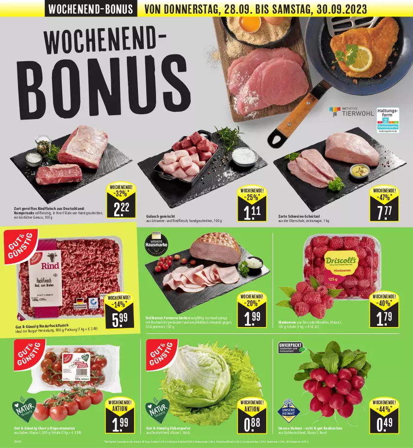 Aktueller Prospekt Edeka - Angebote der Woche - von 25.09 bis 30.09.2023 - strona 18 - produkty: beere, beeren, buch, burger, eis, eisbergsalat, farmerschinken, fleisch, gulasch, hackfleisch, himbeer, himbeere, himbeeren, Holz, LG, nuss, radieschen, rama, reis, rind, rinder, rinderhackfleisch, rindfleisch, rispentomaten, rum, rumpsteak, salat, Schal, Schale, schinken, schnitten, schnitzel, schwein, schweine, schweine-schnitzel, steak, steaks, Ti, tomate, tomaten, wein, weine, ZTE