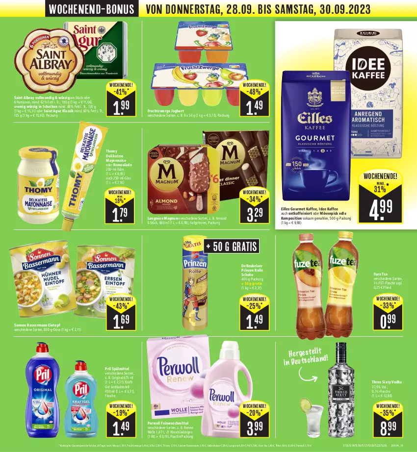 Aktueller Prospekt Edeka - Angebote der Woche - von 25.09 bis 30.09.2023 - strona 19 - produkty: albray, debeukelaer, eilles gourmet, eintopf, eis, feinwaschmittel, flasche, frucht, fruchtzwerge, fuze tea, gin, joghur, joghurt, kaffee, kraft, langnese, magnum, mayonnaise, mövenpick, perwoll, pet-flasche, pril, prinzen rolle, reis, remoulade, Saint Agur, saint albray, schoko, spülmittel, thomy, Three Sixty, Ti, topf, vodka, waschmittel, wolle, Yo, ZTE