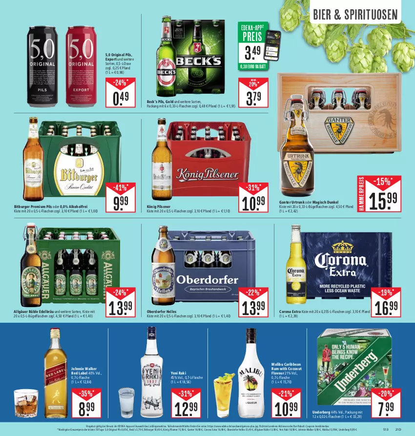 Aktueller Prospekt Edeka - Angebote der Woche - von 25.09 bis 30.09.2023 - strona 25 - produkty: alkohol, angebot, bier, bitburger, bügel, bügelflasche, burger, coconut, corona, corona extra, coupon, coupons, deka, eis, elle, flasche, gin, johnnie walker, könig pilsener, LG, Malibu, nuss, pils, pilsener, premium pils, rabatt-coupon, reis, rum, spirituosen, Ti, underberg, yeni raki, ZTE