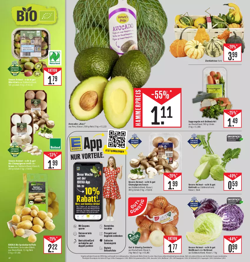 Aktueller Prospekt Edeka - Angebote der Woche - von 25.09 bis 30.09.2023 - strona 4 - produkty: angebot, angebote, avocado, avocados, bio, braun, champignon, champignons, champignons braun, coupon, coupons, decke, deka, deutschlandcard, edeka bio, eis, gewinnspiel, kartoffel, kartoffeln, kiwi, kohlrabi, korb, Kraut, Kürbis, nuss, obst, rabatt-coupon, reis, Schal, Schale, speisekartoffeln, Spiele, suppe, suppen, Ti, und gemüse, würfel, ZTE, zwiebel, zwiebeln