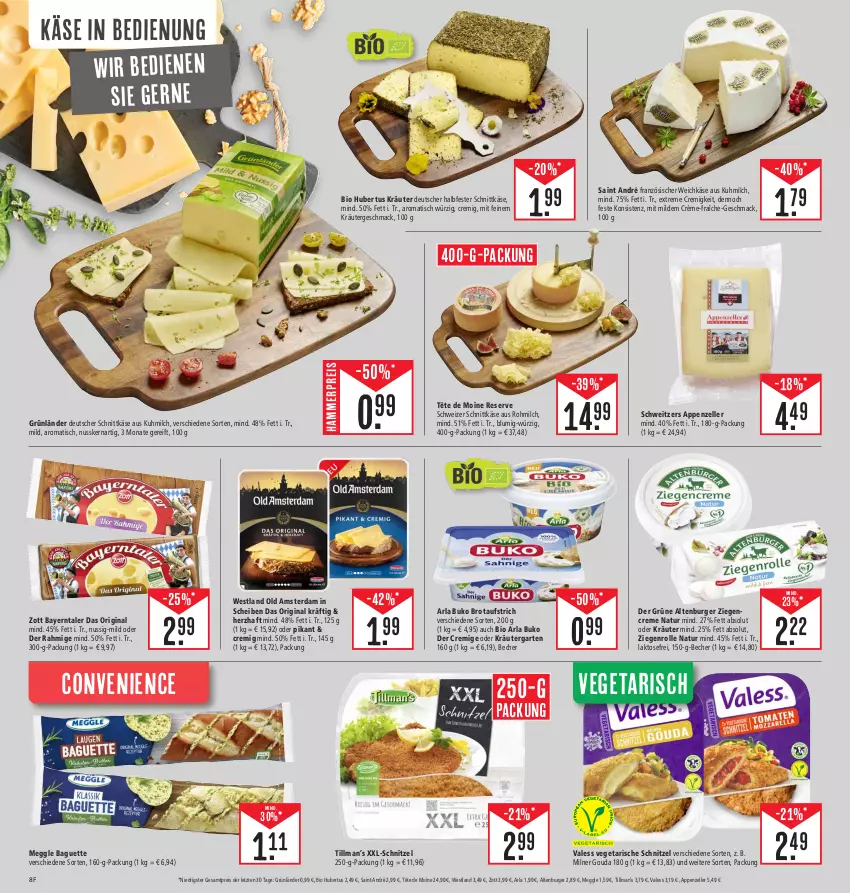 Aktueller Prospekt Edeka - Angebote der Woche - von 25.09 bis 30.09.2023 - strona 8 - produkty: altenburger, appenzeller, arla, arla buko, aufstrich, baguette, Becher, bio, brot, brotaufstrich, Buko, burger, creme, deutscher schnittkäse, eis, elle, französischer weichkäse, Garten, gin, gouda, grünländer, halbfester schnittkäse, Käse, kräuter, mac, meggle, milch, natur, nuss, oder kräuter, Old Amsterdam, reis, schnittkäse, schnitzel, schweizer schnittkäse, Tête de Moine, Ti, Tillman's, tisch, Vegeta, weichkäse, zott, ZTE