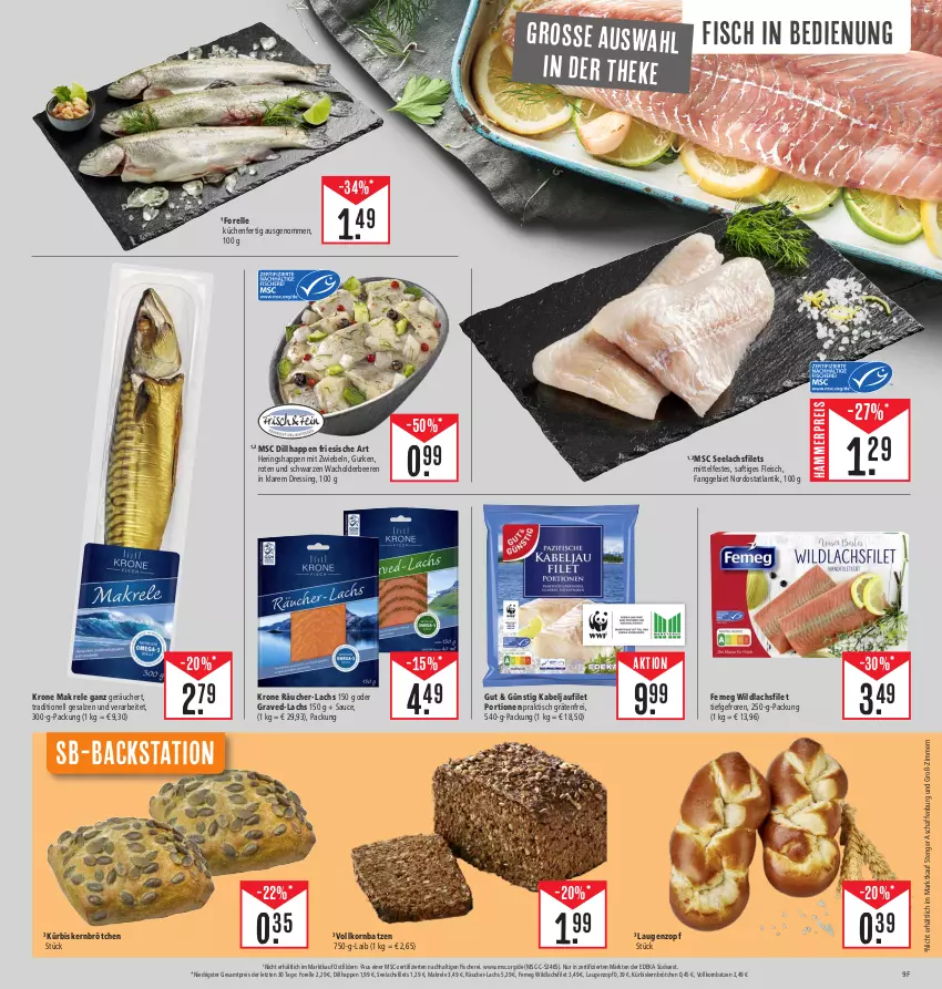 Aktueller Prospekt Edeka - Angebote der Woche - von 25.09 bis 30.09.2023 - strona 9 - produkty: beere, beeren, brötchen, deka, dressing, eis, elle, femeg, filet, filets, fisch, fische, Fischer, fleisch, forelle, gurke, gurken, hering, Herings, Heringshappen, kabeljaufilet, korn, krone, küche, Küchen, Kürbis, Kürbiskernbrötchen, lachs, lachsfilet, lachsfilets, Makrele, mit zwiebeln, reis, rel, ring, saft, salz, sauce, Schere, seelachsfilet, südwest, Ti, tisch, Wild, wildlachs, ZTE, zwiebel, zwiebeln