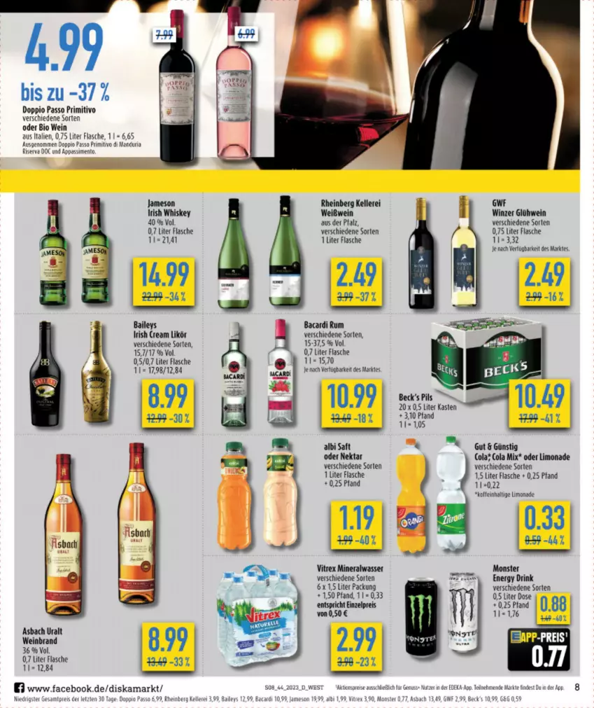 Aktueller Prospekt Diska - Prospekte - von 30.10 bis 04.11.2023 - strona 10 - produkty: aktionspreis, Alwa, bacardi, bacardi rum, baileys, becks, bio, cola, deka, doppio passo, drink, eis, elle, energy drink, flasche, Glühwein, irish cream, irish whiskey, jameson, likör, limo, limonade, mineralwasser, monster, Nektar, nuss, passo, pils, primitivo, reis, Ria, riserva, rum, saft, sim, Ti, vitrex, wasser, wein, Weißwein, whiskey, ZTE