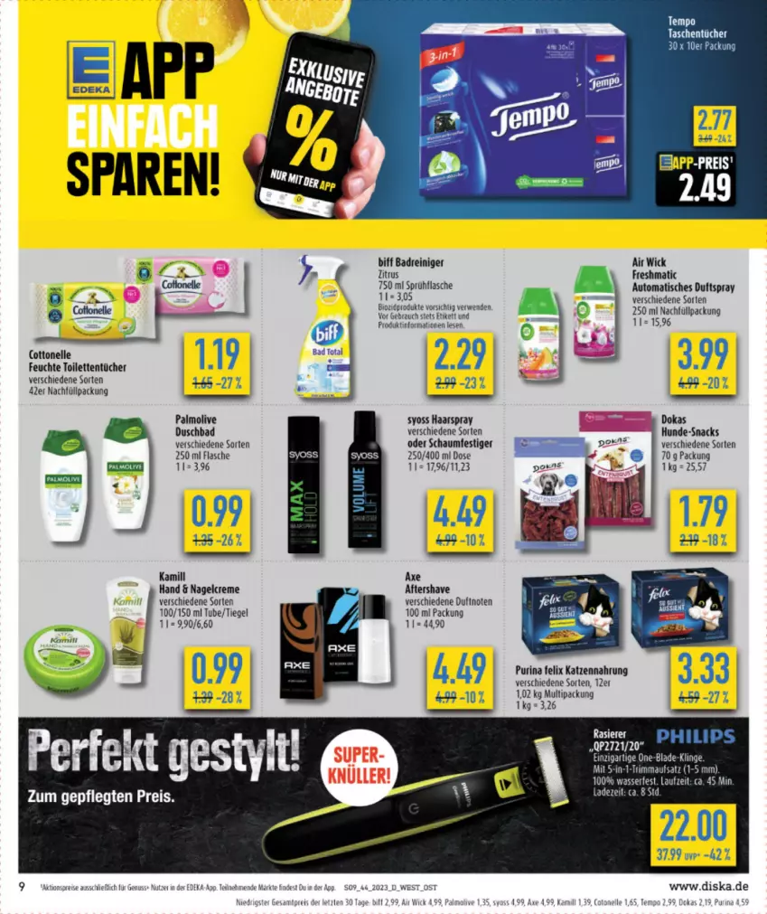 Aktueller Prospekt Diska - Prospekte - von 30.10 bis 04.11.2023 - strona 11 - produkty: Air Wick, aktionspreis, auto, axe, Bad, biff, bio, biozidprodukte, creme, deka, Duftspray, duschbad, eis, elle, felix, flasche, haarspray, Kamill, katzennahrung, LG, nuss, oder schaumfestiger, olive, palmolive, purina, rasierer, Rauch, reiniger, reis, rwe, schaumfestiger, snack, snacks, sprühflasche, syoss, Tasche, taschen, taschentücher, Ti, tisch, toilettentücher, tücher, wasser, WICK, Yo