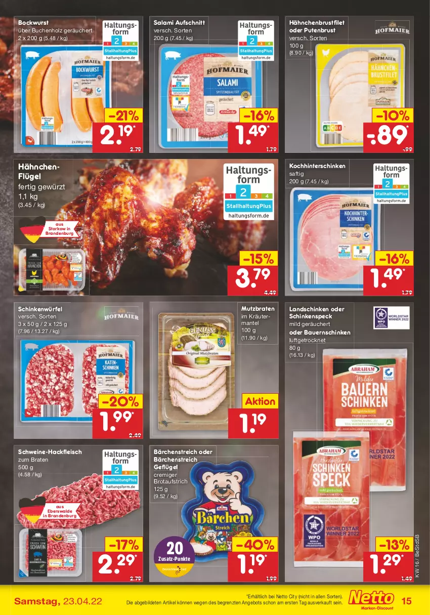 Aktueller Prospekt Netto Marken-Discount - Filial-Angebote - von 19.04 bis 23.04.2022 - strona 15 - produkty: angebot, auer, aufschnitt, aufstrich, Bau, Bauer, Bauernschinken, bockwurst, braten, brot, brotaufstrich, brustfilet, buch, eis, filet, fleisch, Geflügel, gewürz, hackfleisch, hähnchenbrust, hähnchenbrustfilet, hähnchenflügel, hinterschinken, Holz, kräuter, landschinken, Mantel, pute, putenbrust, saft, salami, schinken, schinkenspeck, schwein, schweine, Speck, Ti, wein, weine, würfel, wurst, ZTE