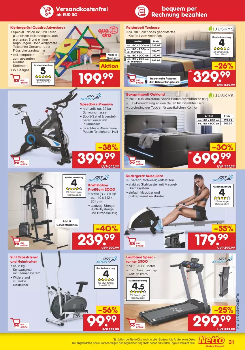 Aktueller Prospekt Netto Marken-Discount - Filial-Angebote - von 19.04 bis 23.04.2022 - strona 31 - produkty: angebot, beleuchtung, bett, boxspringbett, butter, eis, federkern, federkernmatratze, Germ, HP, kernmatratze, kraft, latte, led-beleuchtung, LG, matratze, matratzen, messer, ndk, polsterbett, quad, Quadro, reis, ring, sattel, spee, Sport, Ti, topper, versandkostenfrei, ZTE