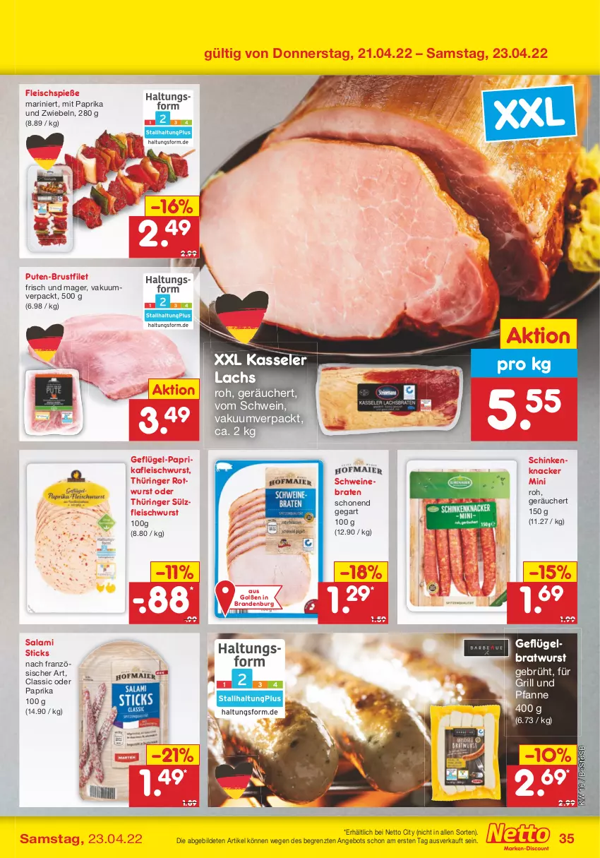 Aktueller Prospekt Netto Marken-Discount - Filial-Angebote - von 19.04 bis 23.04.2022 - strona 35 - produkty: angebot, braten, bratwurst, brustfilet, eis, filet, fleisch, Fleischspieße, fleischwurst, für grill und pfanne, Geflügel, grill, grill und pfanne, kasseler, knacker, lachs, mit paprika, paprika, pfanne, pute, ring, Rotwurst, salami, schinken, schwein, schweine, schweinebraten, Ti, und pfanne, wein, weine, wurst, ZTE, zwiebel, zwiebeln