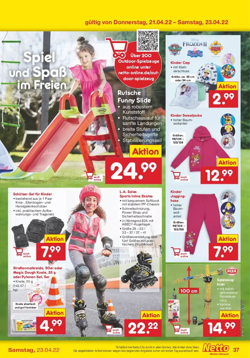 Aktueller Prospekt Netto Marken-Discount - Filial-Angebote - von 19.04 bis 23.04.2022 - strona 37 - produkty: angebot, asti, Bau, Brei, Cap, elle, gin, hose, Inline Skates, Jacke, Jogginghose, Kinder, Kinder Jogginghose, Kreide, Kugel, LG, Schütze, spielzeug, Sport, sweatjacke, Ti, tisch, ZTE