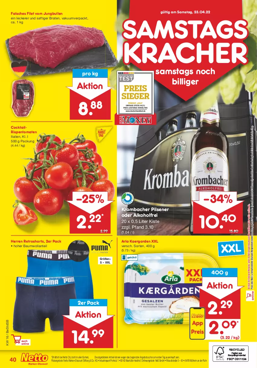 Aktueller Prospekt Netto Marken-Discount - Filial-Angebote - von 19.04 bis 23.04.2022 - strona 40 - produkty: alkohol, angebot, angebote, arla, Bau, braten, cocktail, discount, eis, Falsches Filet, filet, Holz, jungbullen, kracher, krombache, krombacher, krombacher pils, marken-discount, ndk, pils, pilsener, reis, retroshorts, rispentomaten, saft, shorts, Ti, tomate, tomaten, uhr, versandkostenfrei, ZTE