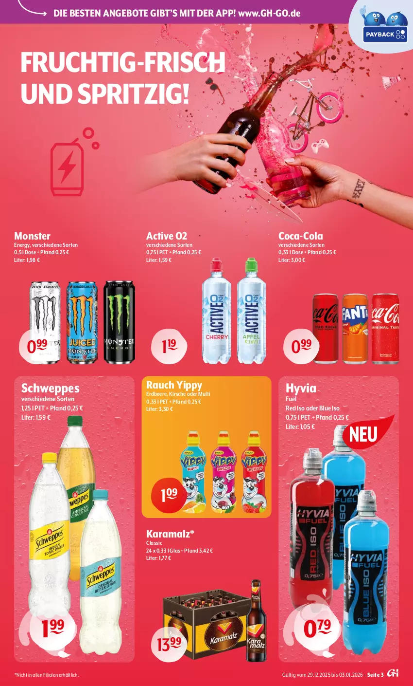 Aktueller Prospekt Getraenke Hoffmann - Prospekte - von 29.12.2026 bis 03.01.2027 - strona 3 - produkty: angebot, angebote, beere, coca-cola, cola, erdbeere, frucht, karamalz, kirsch, kirsche, malz, monster, Monster Energy, rama, Rauch, schweppes, Ti