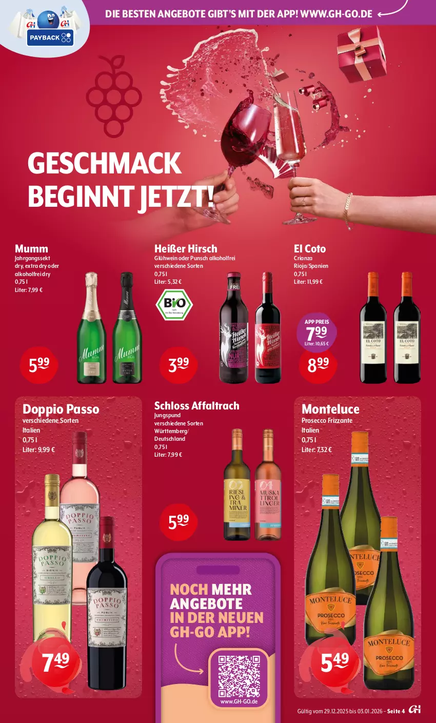 Aktueller Prospekt Getraenke Hoffmann - Prospekte - von 29.12.2026 bis 03.01.2027 - strona 4 - produkty: alkohol, angebot, angebote, doppio passo, ecco, eis, frizzante, gin, Glühwein, jahrgangssekt, mac, monte, mumm, passo, prosecco, reis, Ria, rioja, sekt, Ti, wein