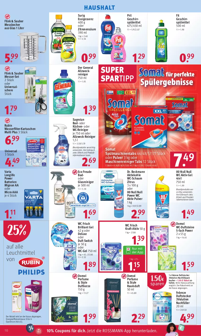 Aktueller Prospekt Rossmann - Prospekte - von 30.01 bis 03.02.2023 - strona 14 - produkty: aktiv gel, allzweckreiniger, auer, Bad, batterie, batterien, Becher, bio, biozidprodukte, coupon, coupons, Domol, Dr. Beckmann, Duftkerze, Engel, essig, febreze, geschirr, geschirrspülmittel, Glasreiniger, kerze, kraft, küche, Küchen, leuchtmittel, longlife, maschinenreiniger, Messbecher, messer, pril, Rauch, Raumduft, reiniger, Rubin, rum, rwe, sagrotan, Schere, somat, spartipp, Spektrum, spülmaschinen, spülmaschinentabs, spülmittel, Ti, varta, wasser, wasserfilter, wc frisch, wc-gel, wc-reiniger, weck, zitrone, zitronen