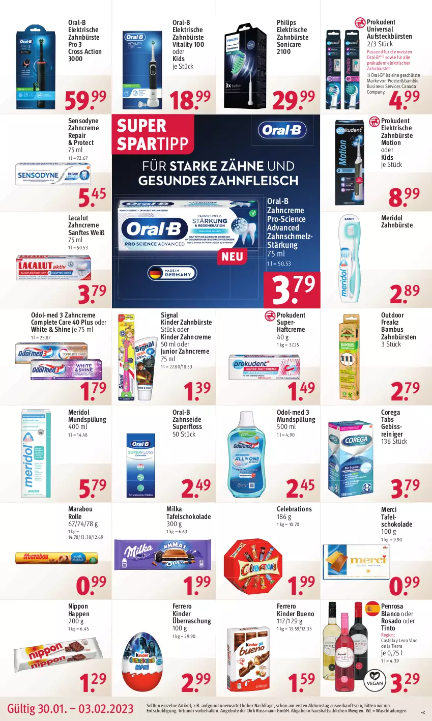 Aktueller Prospekt Rossmann - Prospekte - von 30.01 bis 03.02.2023 - strona 16 - produkty: angebot, angebote, asti, aufsteckbürsten, bambus, bürste, bürsten, Cien, creme, cross action, eis, elektrische zahnbürste, ferrero, Germ, Haftcreme, Kinder, kinder bueno, Lacalut, Marabou, merci, meridol, milka, mundspülung, nippon, Odol, Odol-med 3, oral-b, Philips, Prokudent, reiniger, schoko, schokolade, sensodyne, Signal, sonicare, spartipp, spülung, tafelschokolade, Ti, vita, vitality, zahnbürste, zahnbürsten, zahncreme, Zahnseide, ZTE