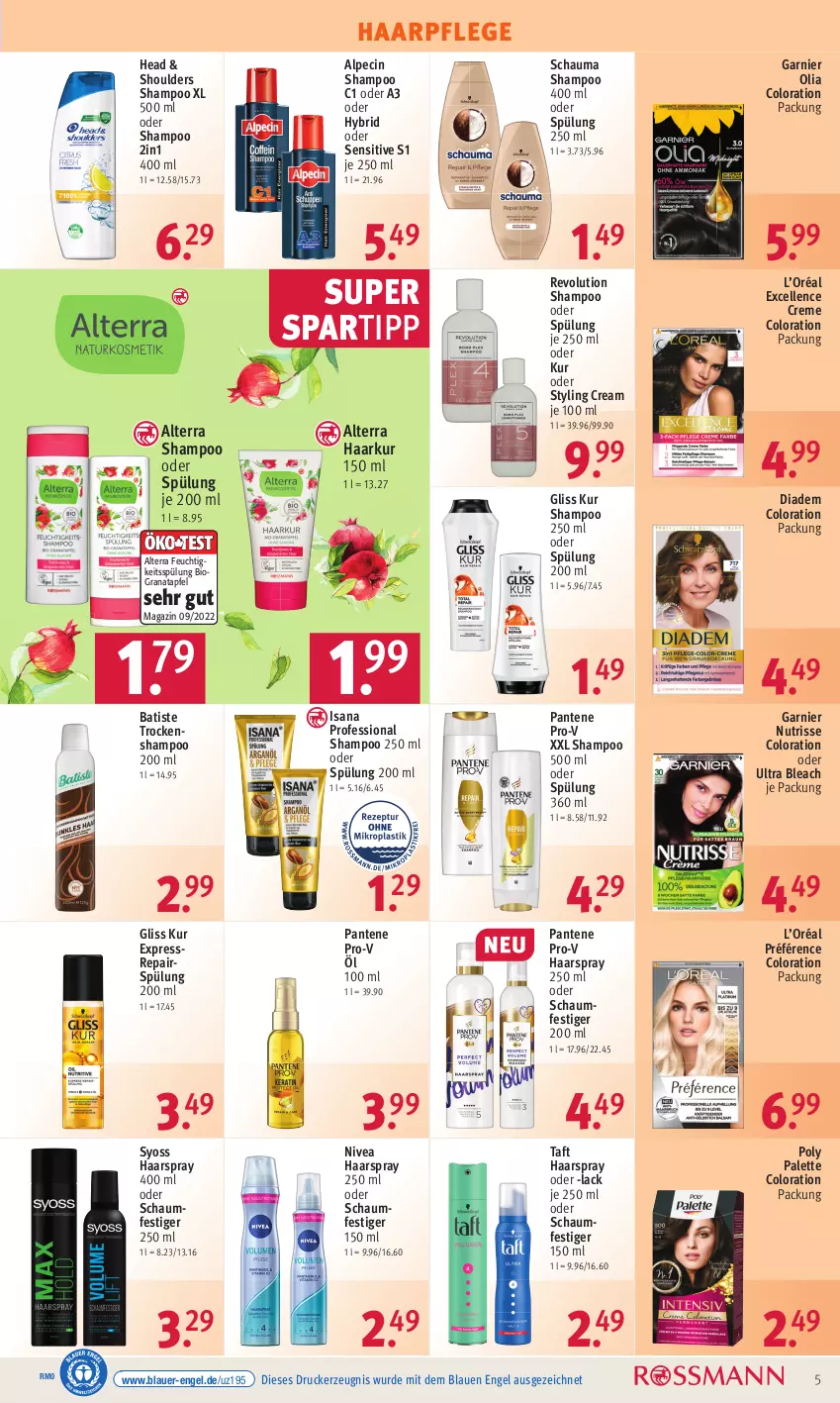 Aktueller Prospekt Rossmann - Prospekte - von 30.01 bis 03.02.2023 - strona 5 - produkty: alpecin, alterra, apfel, auer, bio, cin, creme, diadem, drucker, elle, Engel, garnier, gliss, gliss kur, grana, granatapfel, haarpflege, haarspray, isana, kerze, lack, magazin, nivea, Nutrisse, oder schaumfestiger, Palette, pantene, pantene pro-v, pro-v, Rana, sana, schauma, schauma shampoo, schaumfestiger, shampoo, shampoo 250 ml, shampoo oder spülung, spartipp, spülung, spülung 200 ml, syoss, Taft, Ti, Trockenshampoo, Yo