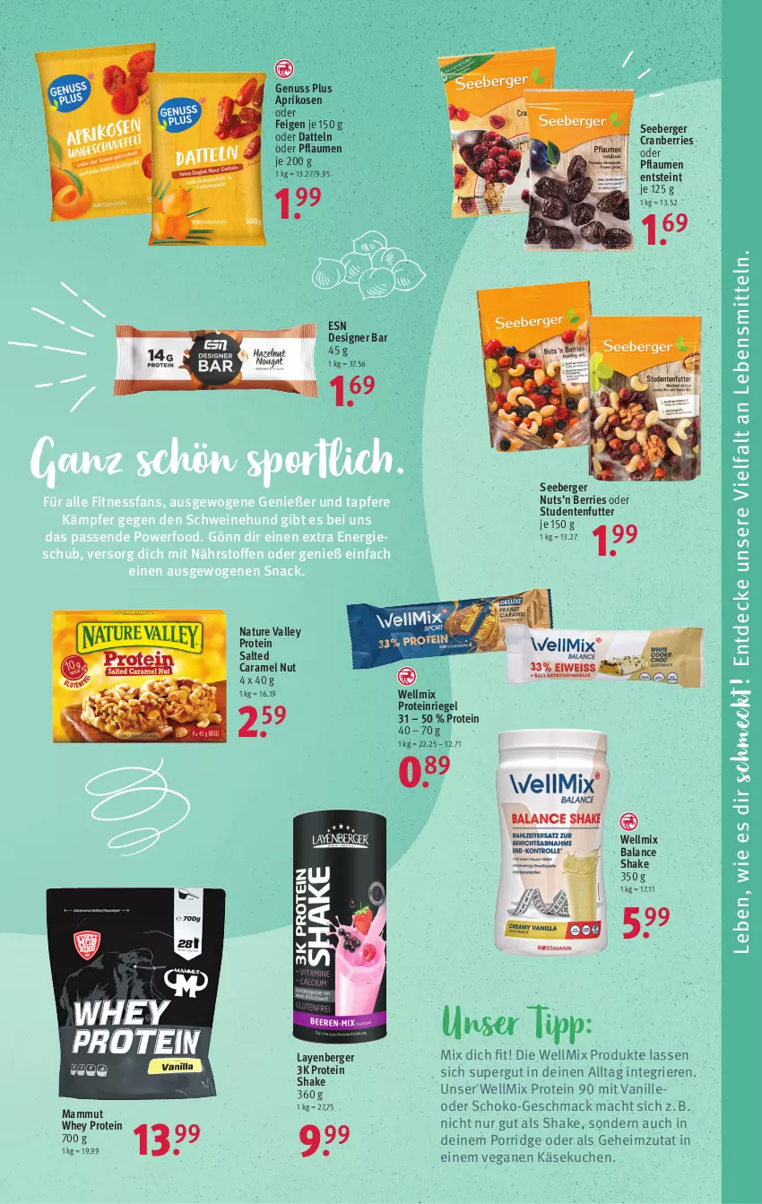 Aktueller Prospekt Rossmann - Prospekte - von 30.01 bis 03.02.2023 - strona 9 - produkty: aprikose, aprikosen, Berger, caramel, cranberries, Datteln, decke, ente, Feigen, Käse, käsekuchen, kuchen, lebensmittel, mac, mam, natur, nuss, pflaume, pflaumen, porridge, riegel, schoko, schwein, schweine, seeberger, shake, snack, Sport, studentenfutter, Ti, vanille, wein, weine