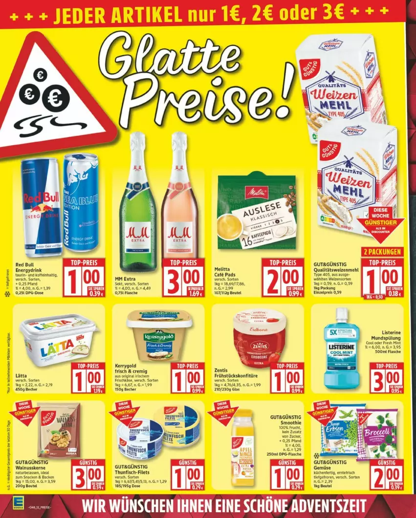 Aktueller Prospekt Edeka - Prospekte - von 24.11 bis 29.11.2025 - strona 12 - produkty: Becher, beutel, drink, eis, filet, filets, fisch, flasche, frischkäse, gin, Käse, kerrygold, konfitüre, küche, Küchen, mehl, mm extra, natur, nuss, red bull, reis, sekt, smoothie, thunfisch, Ti, type 405, walnuss, walnusskerne, weizenmehl, zentis, ZTE