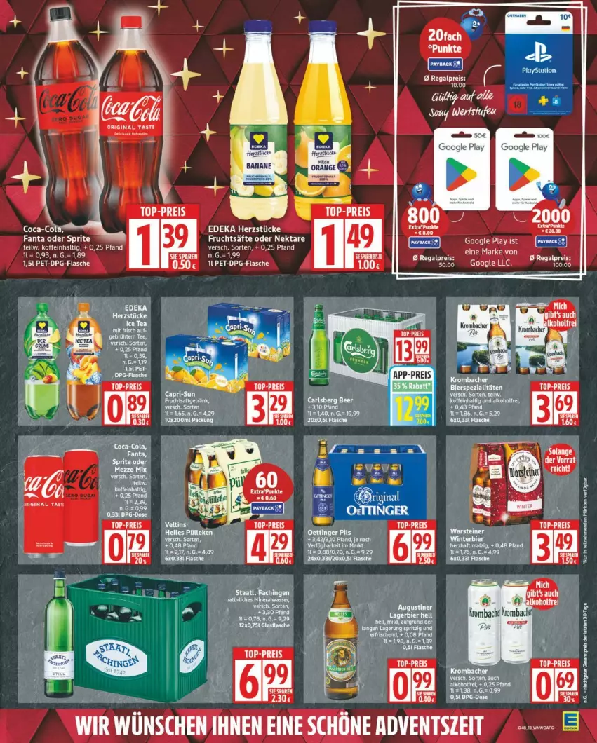 Aktueller Prospekt Edeka - Prospekte - von 24.11 bis 29.11.2025 - strona 13 - produkty: deka, eis, flasche, frucht, fruchtsäfte, google play, krombache, krombacher, Nektar, regal, reis, säfte, Ti, top-preis, ZTE