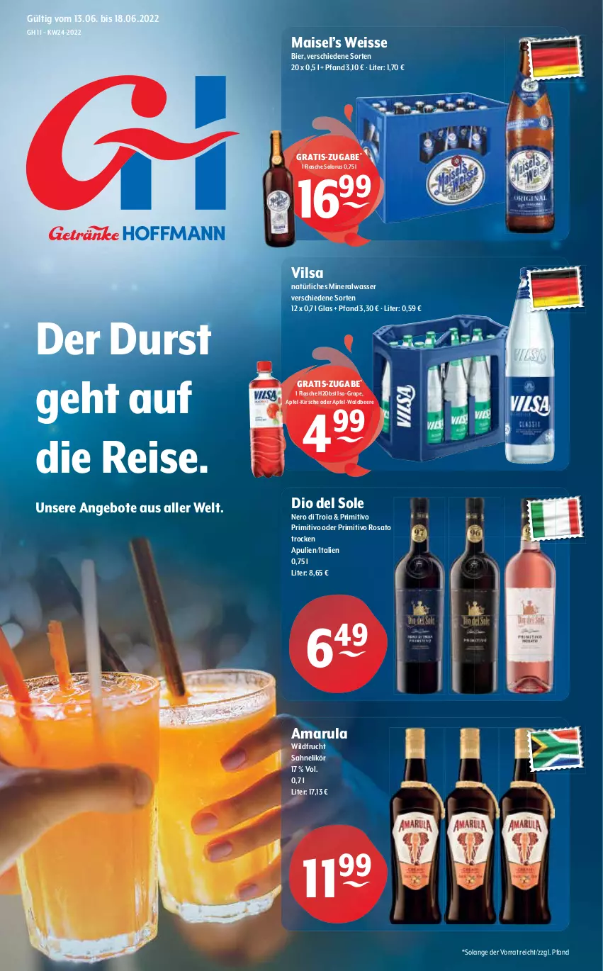 Aktueller Prospekt Getraenke Hoffmann - Prospekte - von 13.06 bis 18.06.2022 - strona 1 - produkty: Alwa, amarula, angebot, angebote, apfel, beere, bier, eis, flasche, frucht, kirsch, kirsche, likör, mais, mineralwasser, natürliches mineralwasser, nero, obst, primitivo, reis, rosato, sahne, Ti, vilsa, wasser, Wild