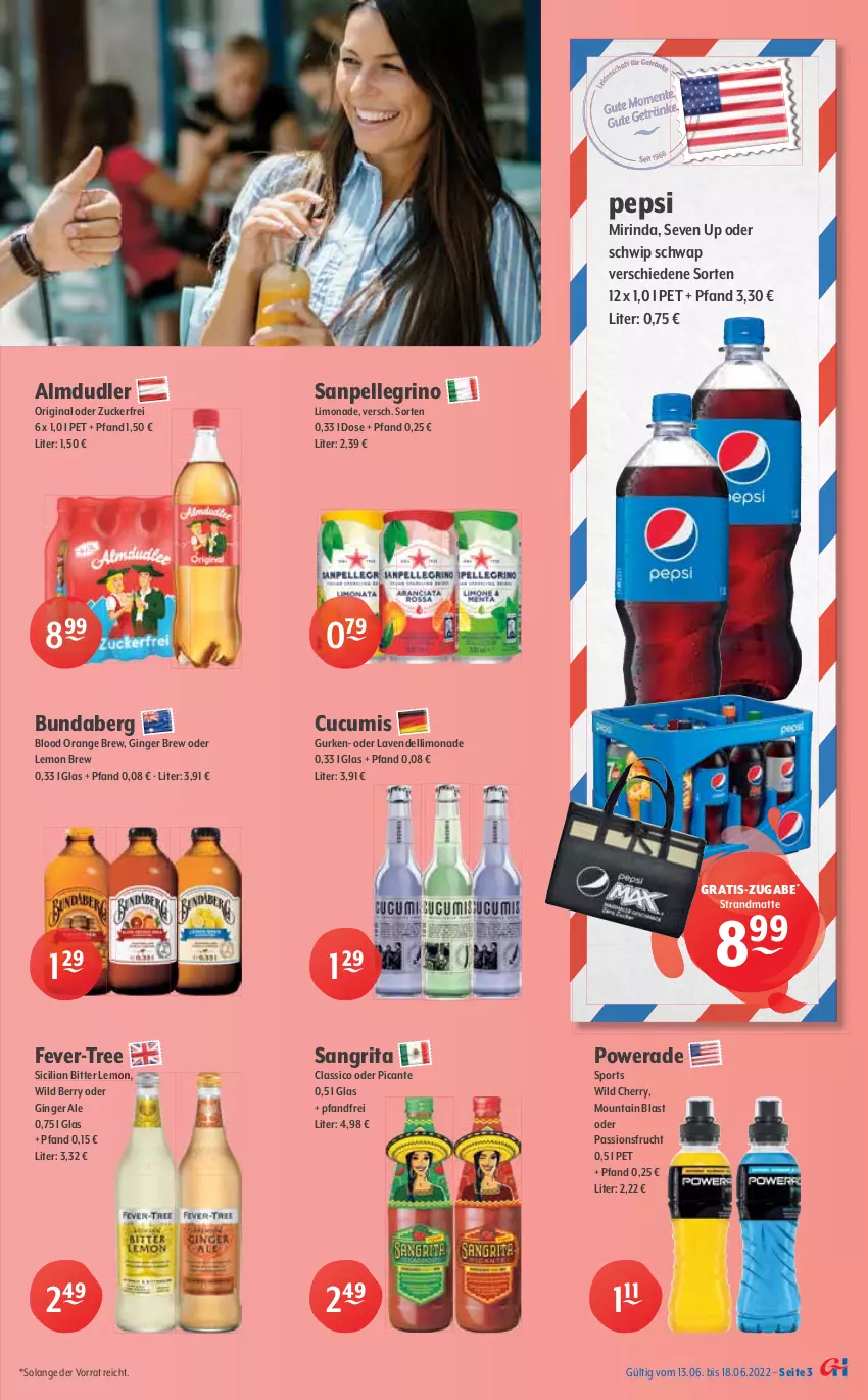 Aktueller Prospekt Getraenke Hoffmann - Prospekte - von 13.06 bis 18.06.2022 - strona 3 - produkty: almdudler, amecke, apfel, bitter lemon, Bundaberg, classico, coca-cola, cola, dell, drink, eis, eistee, elle, energy drink, fever-tree, frucht, gin, ginger, ginger ale, grana, granatapfel, gurke, gurken, Hohes C, ice tea, lavendel, limo, limonade, Mio Mio, Mirinda, Nektar, orange, passionsfrucht, pepsi, pfanne, Pfanner, pfirsich, Rana, Rauch, red bull, rind, saft, sanpellegrino, Schwip Schwap, Sport, strandmatte, tee, Ti, vita, Vita C, Wild, wild berry, zitrone, zucker