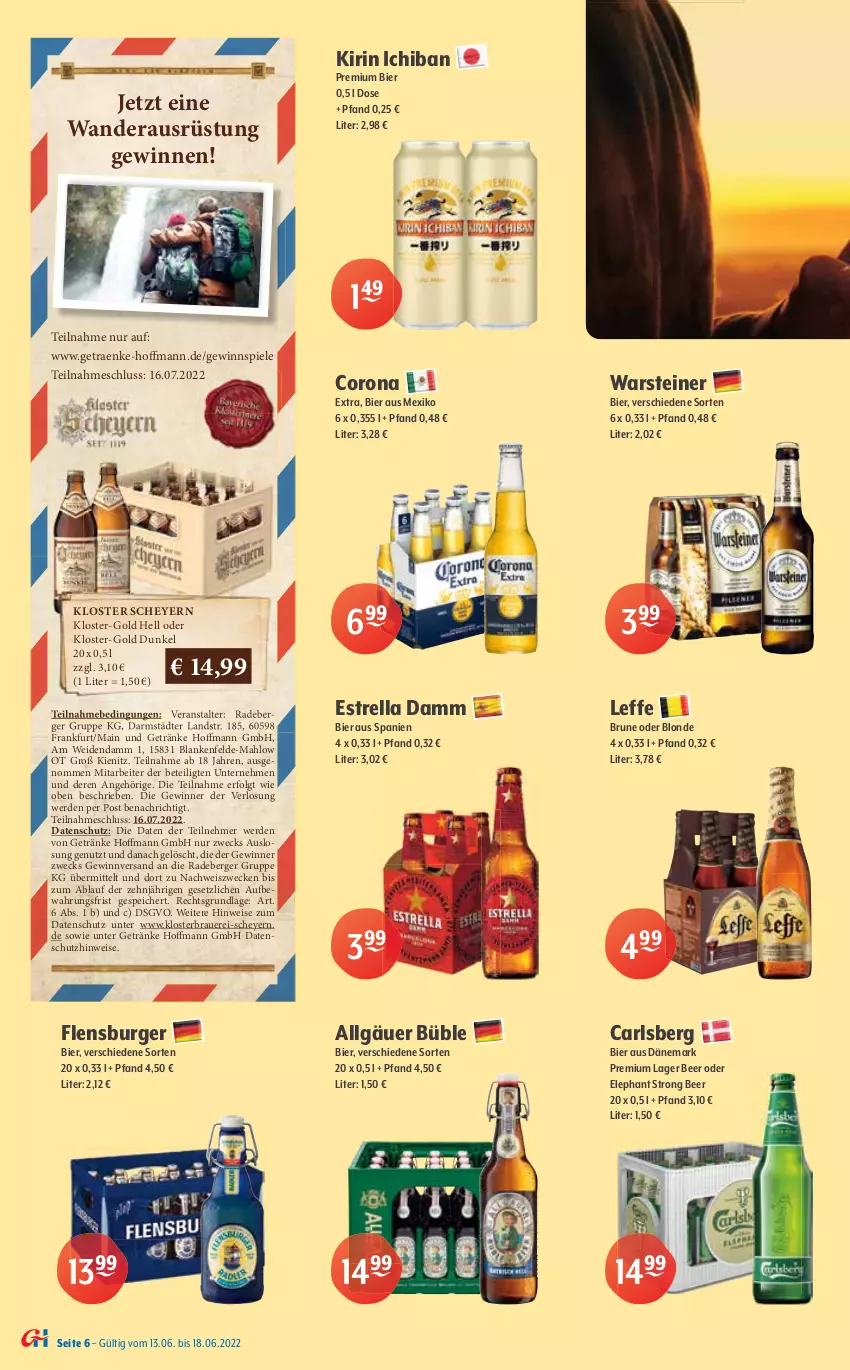 Aktueller Prospekt Getraenke Hoffmann - Prospekte - von 13.06 bis 18.06.2022 - strona 6 - produkty: auer, Berger, berliner, berliner kindl, bier, bitburger, burger, carlsberg, corona, eis, elle, erde, erdinger, Estrella Damm, flensburger, getränk, getränke, gewinnspiel, gösser, heineken, kiri, LG, natur, natur radler, nuss, pils, pilsener, premium pils, radeberger, radler, rel, Spiele, steiner, Ti, warsteiner, weck