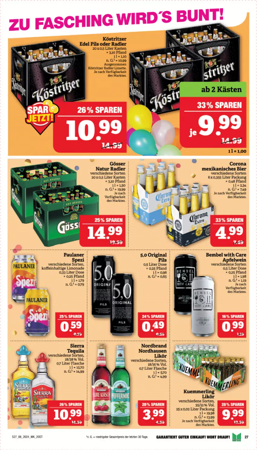 Aktueller Prospekt Marktkauf - Prospekt - von 04.02 bis 10.02.2024 - strona 27 - produkty: bier, corona, eis, flasche, gösser, köstritzer, kuemmerling, likör, limette, limo, limonade, merl, Mett, natur, natur radler, oder radler, Paula, paulaner, pils, radler, reis, Spezi, Ti, ZTE