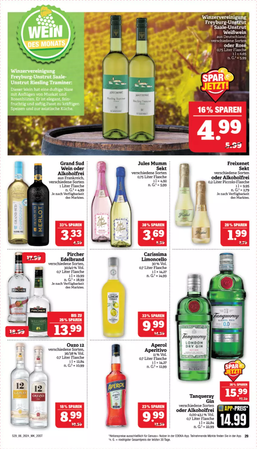 Aktueller Prospekt Marktkauf - Prospekt - von 04.02 bis 10.02.2024 - strona 29 - produkty: aktionspreis, alkohol, aperol, deka, dry gin, eis, flasche, frucht, gin, grand sud, küche, limo, nuss, ouzo, ouzo 12, reis, riesling, saft, sekt, Tanqueray, tee, Ti, tisch, wein, Weißwein, ZTE