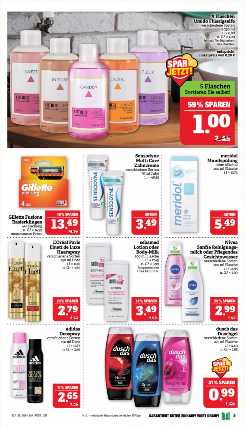 Aktueller Prospekt Marktkauf - Prospekt - von 04.02 bis 10.02.2024 - strona 31 - produkty: body, creme, deo, deospray, duschgel, eis, elnett, flasche, Gesichtswasser, gillette, Lotion, meridol, milch, nivea, reis, sebamed, Seife, sensodyne, Ti, wasser, zahncreme, ZTE