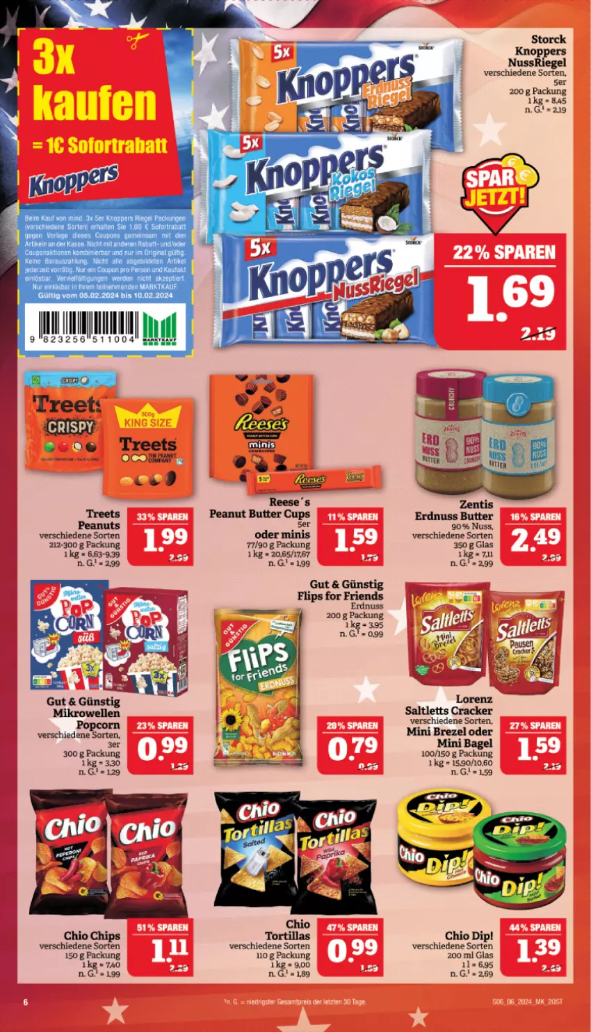 Aktueller Prospekt Marktkauf - Prospekt - von 04.02 bis 10.02.2024 - strona 6 - produkty: Bagel, brezel, butter, chio chips, chips, coupon, coupons, dip, erde, erdnuss, gin, Kette, leine, nuss, nussriegel, peanut butter, riegel, sofortrabatt, Stier, storck, tee, Ti