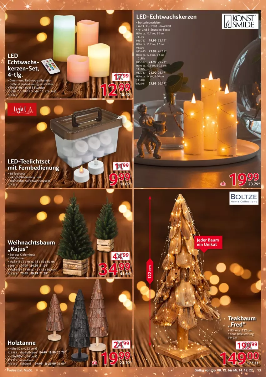 Aktueller Prospekt Selgros - Nonfood - von 08.12 bis 14.12.2022 - strona 13 - produkty: Bau, beleuchtung, braun, Echtwachskerzen, fernbedienung, Holz, kerze, Kette, leds, LG, mit fernbedienung, rel, tee, Teelicht, teelichte, Ti, tisch, Weihnachtsbaum