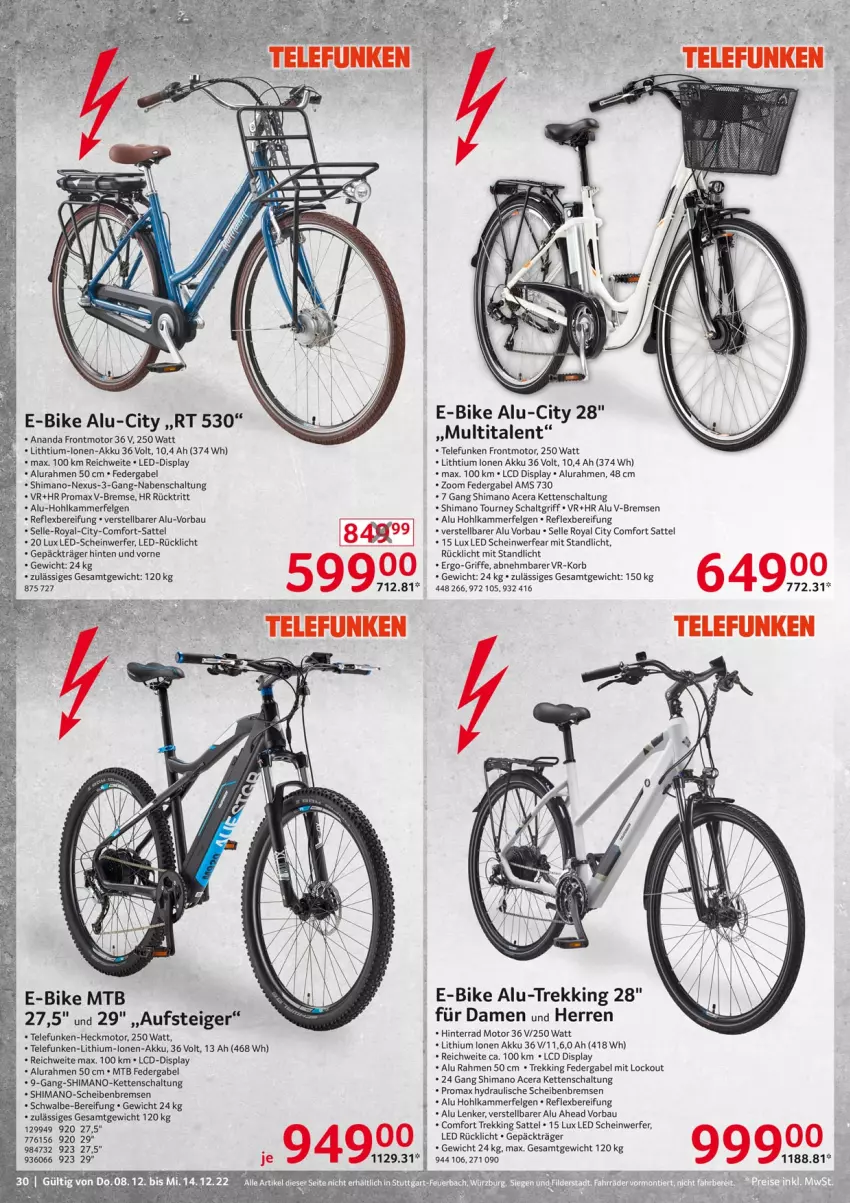 Aktueller Prospekt Selgros - Nonfood - von 08.12 bis 14.12.2022 - strona 30 - produkty: acer, akku, Bau, E-Bike, elle, felgen, gabel, Kette, korb, LG, Lithium-Lonen-Akku, nexus, promax, rücklicht, sattel, Schal, shimano, tee, telefunken, Ti