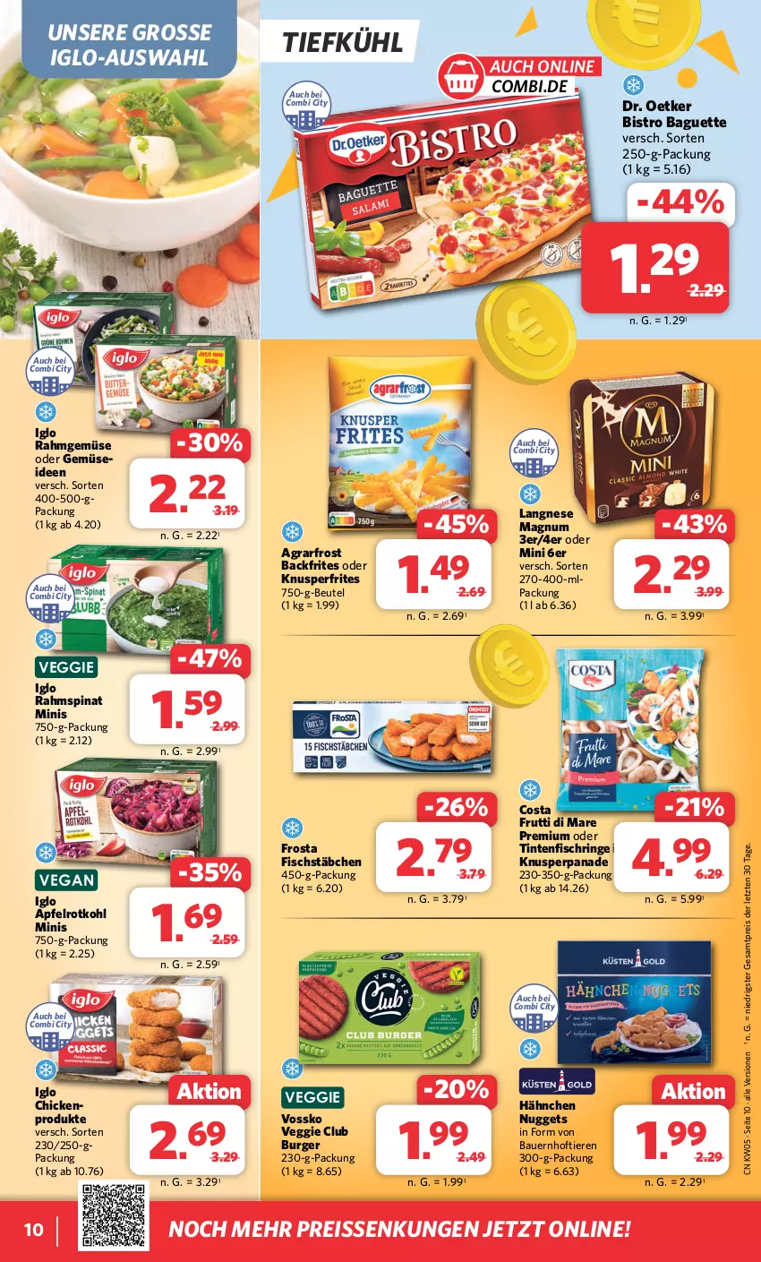 Aktueller Prospekt Combi - Prospekte - von 29.01 bis 03.02.2024 - strona 10 - produkty: agrarfrost, apfel, auer, baguette, Bau, Bauer, beutel, Bistro Baguette, burger, Dr. Oetker, eis, fisch, fischstäbchen, frosta, frutti di mare, iglo, langnese, magnum, nuggets, Rahmgemüse, reis, reiss, ring, rotkohl, spinat, Ti, Tiere, Tintenfischringe, veggie, vossko, ZTE