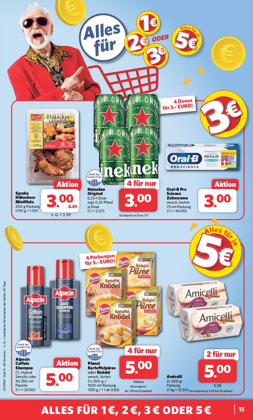 Aktueller Prospekt Combi - Prospekte - von 29.01 bis 03.02.2024 - strona 15 - produkty: alpecin, amicelli, Cien, cin, coffein, creme, eis, filet, filets, flasche, gin, heineken, kartoffel, Kartoffelpüree, Knödel, oral-b, pfanni, püree, reis, shampoo, Ti, zahncreme, ZTE