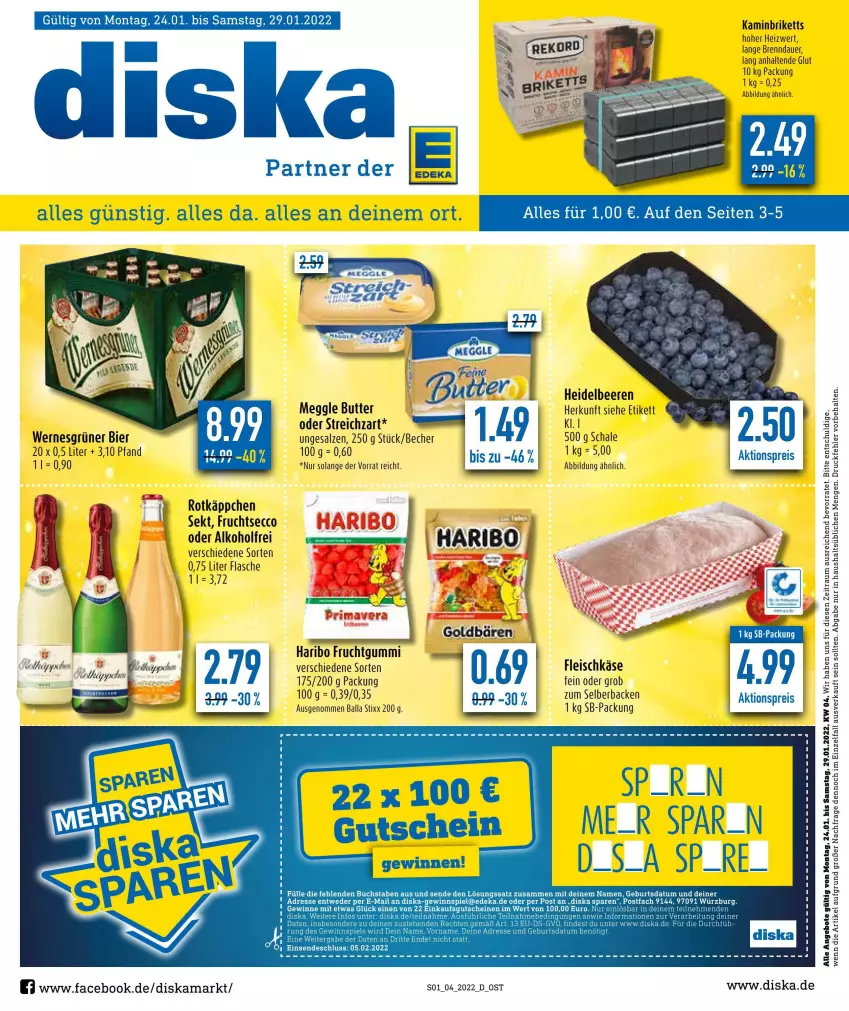 Aktueller Prospekt Diska - Prospekte - von 24.01 bis 29.01.2022 - strona 1 - produkty: aktionspreis, alkohol, angebot, angebote, auer, ball, Becher, beere, beeren, bier, briketts, buch, butter, deka, ecco, eis, flasche, frucht, fruchtgummi, fruchtsecco, gewinnspiel, gutschein, gutscheine, haribo, heidelbeere, heidelbeeren, Kamin, Käse, meggle, reis, rotkäppchen, salz, sekt, Streichzart, Ti