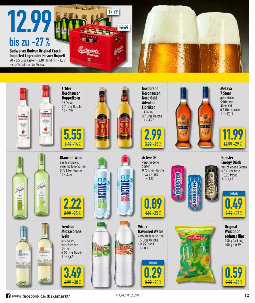 Aktueller Prospekt Diska - Prospekte - von 24.01 bis 29.01.2022 - strona 12 - produkty: budweiser, corona, doppelkorn, drink, eier, eierlikör, eis, energy drink, erdnuss, flasche, gin, korn, likör, Metaxa, mezzacorona, nordbrand, nuss, pils, pilsner, pilsner urquell, Ti, vitrex, wein