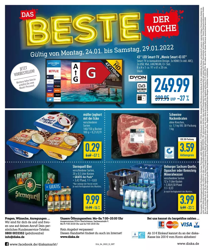 Aktueller Prospekt Diska - Prospekte - von 24.01 bis 29.01.2022 - strona 16 - produkty: aktionspreis, Alwa, angebot, angebote, Astra, bier, braten, burger, deka, eis, elle, ente, HDMI, joghur, joghurt, mineralwasser, Müller, netflix, reis, rel, ring, sac, schwein, schweine, smart tv, telefon, Ti, uhr, usb, wasser, wein, weine