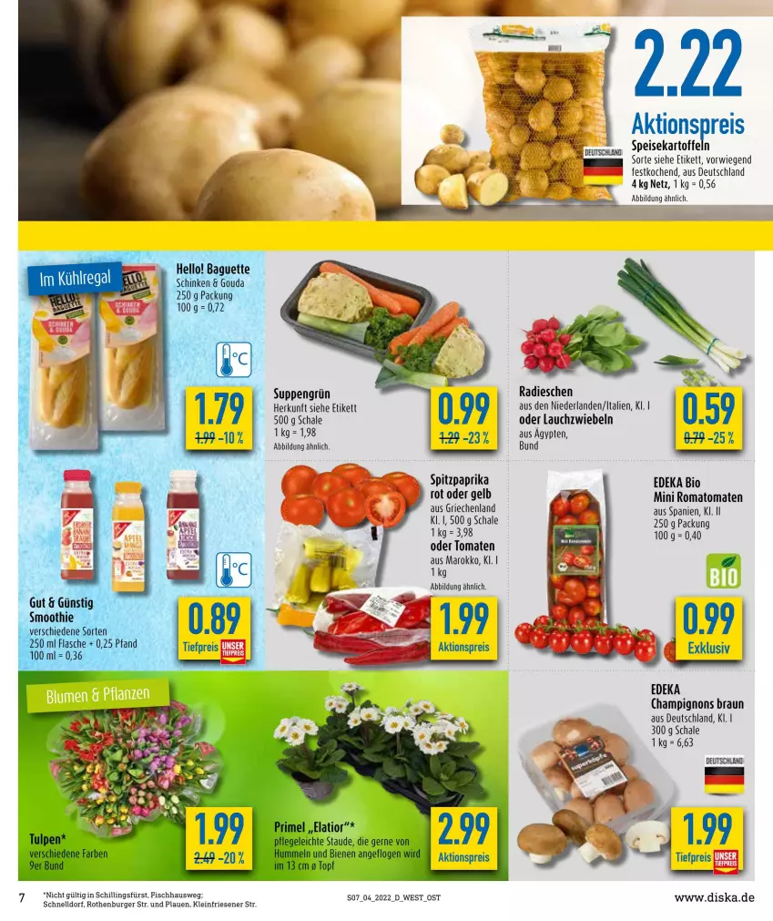 Aktueller Prospekt Diska - Prospekte - von 24.01 bis 29.01.2022 - strona 7 - produkty: aktionspreis, bio, braun, burger, champignon, champignons, champignons braun, deka, edeka bio, eis, fisch, kartoffel, kartoffeln, Lauchzwiebel, lauchzwiebeln, paprika, radieschen, reis, Romatomaten, Schal, Schale, speisekartoffeln, Spitzpaprika, suppe, suppen, Ti, tiefpreis, tomate, tomaten, zwiebel, zwiebeln