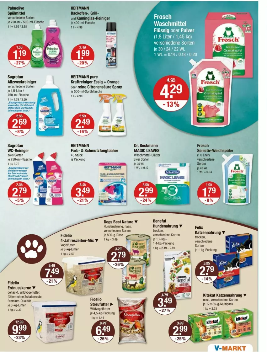 Aktueller Prospekt Vmarkt - Prospekte - von 29.02 bis 06.03.2024 - strona 13 - produkty: allzweckreiniger, backofen, Dr. Beckmann, eimer, erdnuss, essig, Fangtücher, felix, flasche, Frosch, grill, heitmann, hundenahrung, Kamin, katzennahrung, kitekat, kraft, natur, nuss, Ofen, olive, orange, palmolive, Rauch, reiniger, rwe, sagrotan, Schal, Schale, sprühflasche, spülmittel, Streufutter, Ti, tücher, Vogelfutter, waschmittel, wc-reiniger, weck, weichspüler, Wild