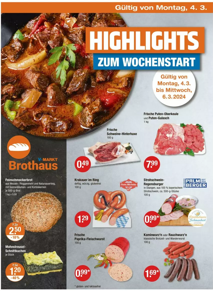 Aktueller Prospekt Vmarkt - Prospekte - von 29.02 bis 06.03.2024 - strona 22 - produkty: auer, axe, Berger, blume, blumen, brot, burger, eis, fleisch, fleischwurst, gulasch, Haxe, Kamin, Kaminwurz, krakauer, kuchen, Kürbis, kürbiskerne, mehl, natur, paprika, pute, Rauch, regensburger, ring, schwein, schweine, sonnenblume, sonnenblumen, Ti, wein, weine, wurst