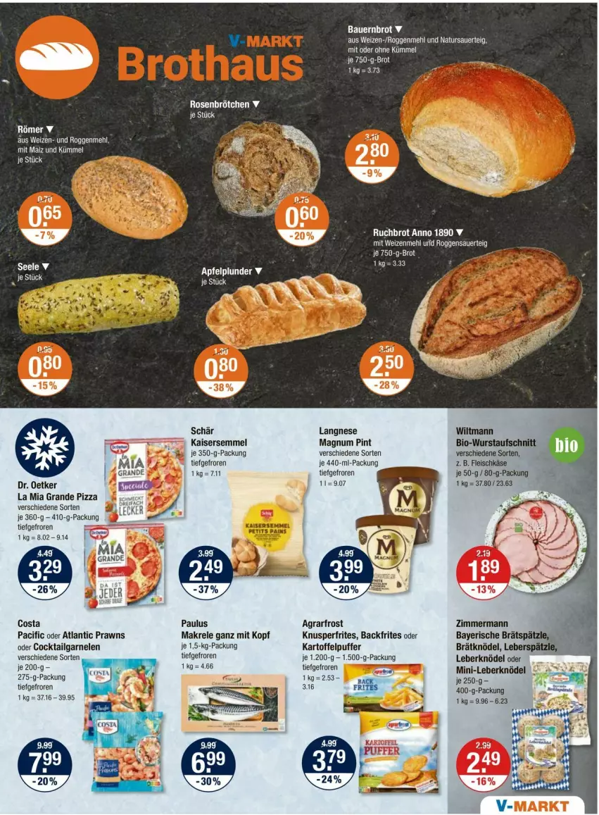 Aktueller Prospekt Vmarkt - Prospekte - von 29.02 bis 06.03.2024 - strona 5 - produkty: agrarfrost, auer, aufschnitt, Bau, Bauer, bio, brot, brötchen, Cif, cocktail, Dr. Oetker, eis, fleisch, fleischkäse, garnelen, Kaiser, Kaisersemmel, kartoffel, kartoffelpuffer, Käse, Knödel, langnese, Leberknödel, LG, magnum, Makrele, malz, mehl, natur, pizza, prawns, rel, rosen, Semmel, tee, Ti, wiltmann, wurst