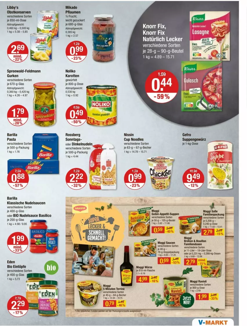 Aktueller Prospekt Vmarkt - Prospekte - von 29.02 bis 06.03.2024 - strona 7 - produkty: barilla, basilico, Becher, bio, Brühe, eintöpfe, erde, flasche, frucht, gewürz, gurke, gurken, karotten, knorr, knorr fix, Konserven, maggi, maggi würze, mikado, Nissin, nudel, nudeln, obst, pasta, pflaume, pflaumen, sauce, saucen, Soße, spreewald-feldmann, suppe, suppen, terrine, Ti, würfel, zucker