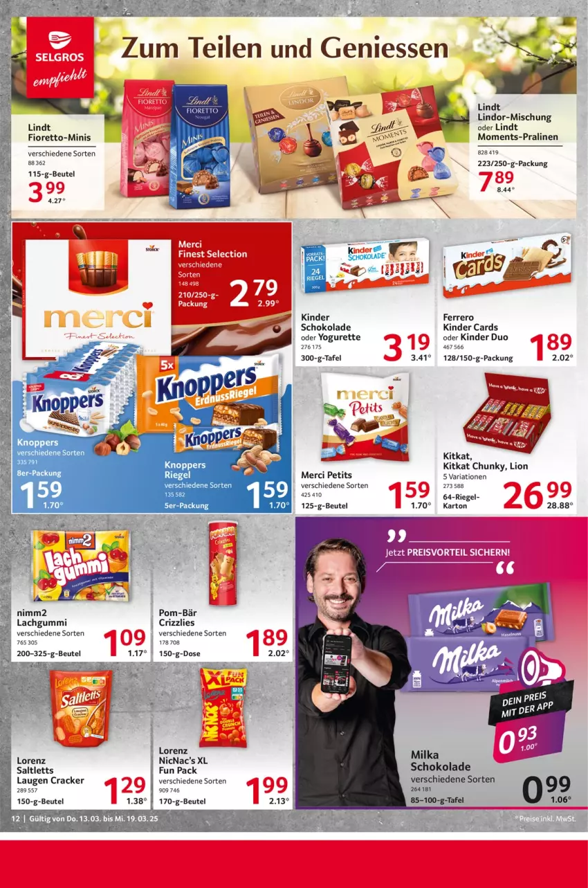 Aktueller Prospekt Selgros - Food - von 13.03 bis 19.03.2025 - strona 12 - produkty: beutel, cracker, eis, ferrero, Kinder, kitkat, knoppers, lachgummi, lindor, lindt, lion, lorenz, merci, milka, oder yogurette, pom-bär, pralinen, preisvorteil, reis, Ria, riegel, saltletts, schoko, schokolade, tee, Ti, Yo, yogurette