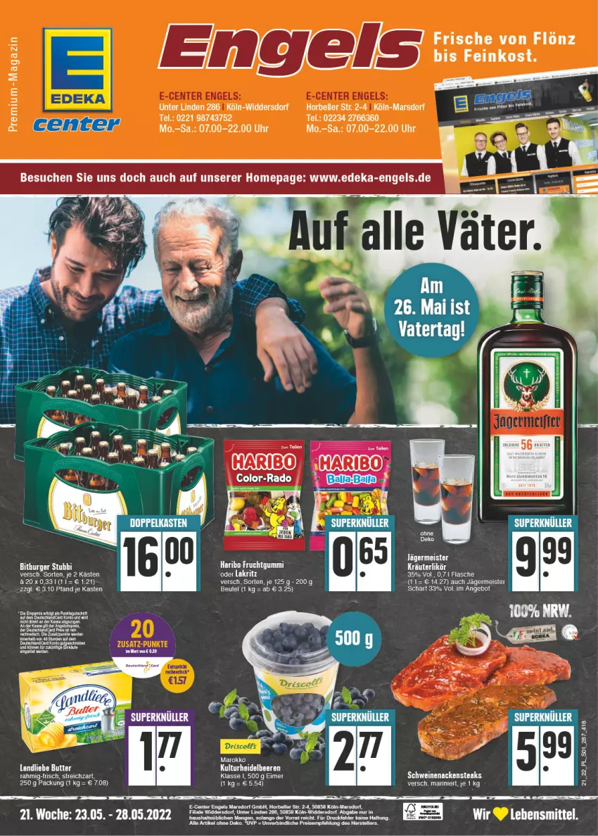 Aktueller Prospekt E Center - Angebote der Woche - von 23.05 bis 28.05.2022 - strona 1 - produkty: angebot, beutel, butter, deka, eimer, eis, elle, Engel, ente, flasche, frucht, fruchtgummi, Germ, haribo, jägermeister, kräuter, kräuterlikör, landliebe, lebensmittel, likör, magazin, mars, Meister, Nackensteak, nackensteaks, reis, reiss, schwein, schweine, schweinenacken, steak, steaks, Streichzart, Tapete, tee, teller, Ti, wein, weine