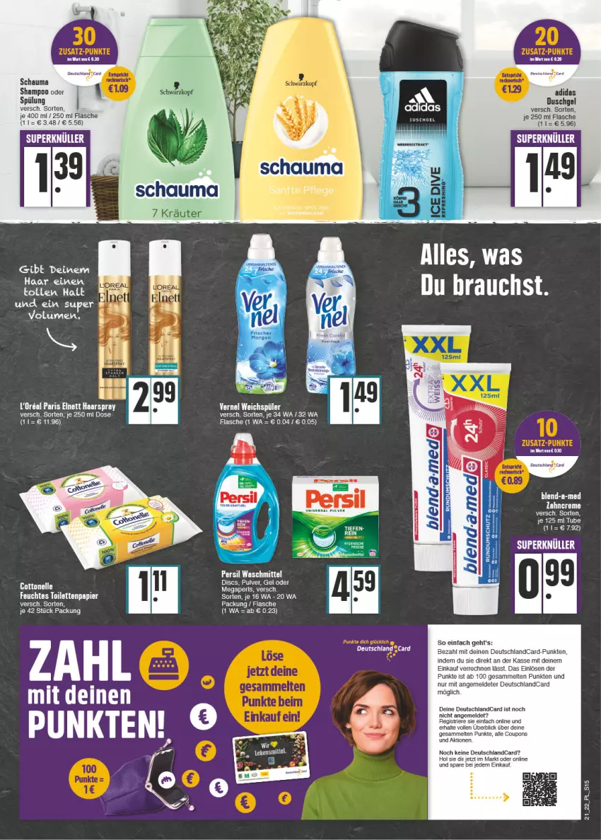 Aktueller Prospekt E Center - Angebote der Woche - von 23.05 bis 28.05.2022 - strona 15 - produkty: Adidas, alle coupons, coupon, coupons, creme, deutschlandcard, duschgel, eis, feuchtes toilettenpapier, flasche, kräuter, megaperls, papier, persil, schauma, shampoo, spülung, Ti, toilettenpapier, vernel, weichspüler, zahncreme